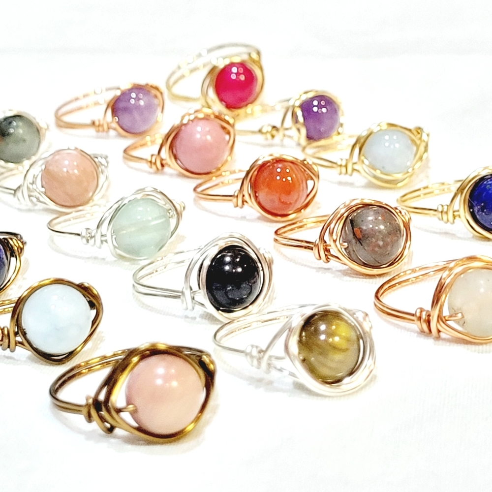 24 piece round gemstone wire wrapped ring lot, assorted, wholesale lot